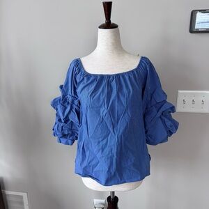 Zara Poplin Off the Shoulder Blue Striped Top with Gathered Ruffled Sleeves
